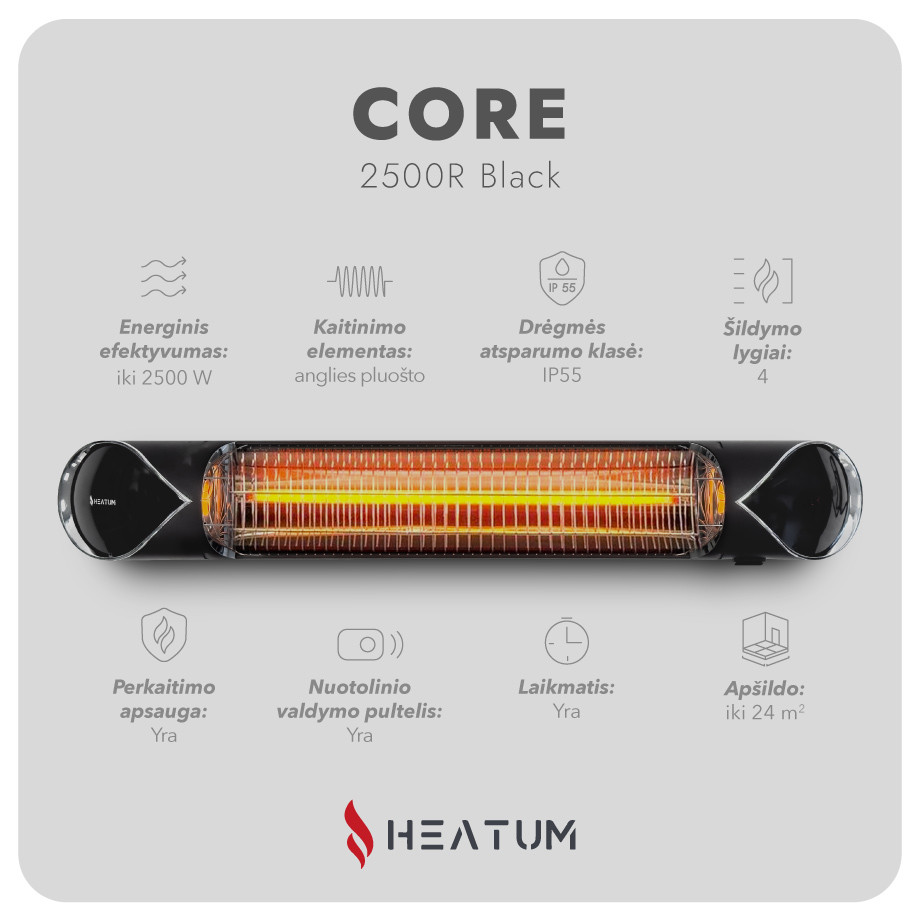 Infraraudonųjų spindulių šildytuvas Heatum CORE H2500R Black