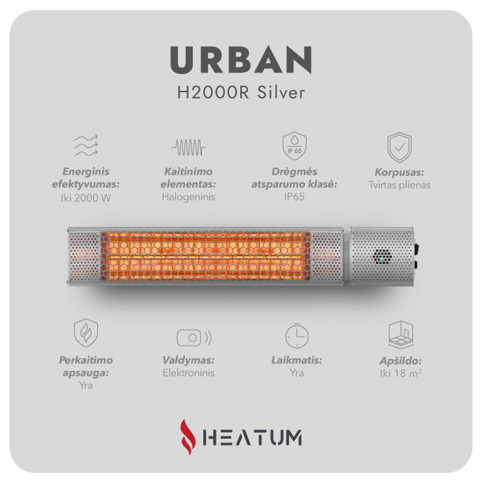 Pastatomas Infraraudonųjų spindulių šildytuvas Heatum H2000R URBAN SILVER su vienkoju stovu3