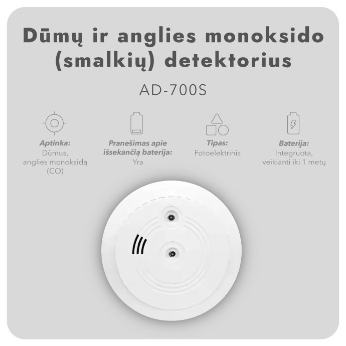 Dūmų ir anglies monoksido (smalkių) detektorius AD-700S