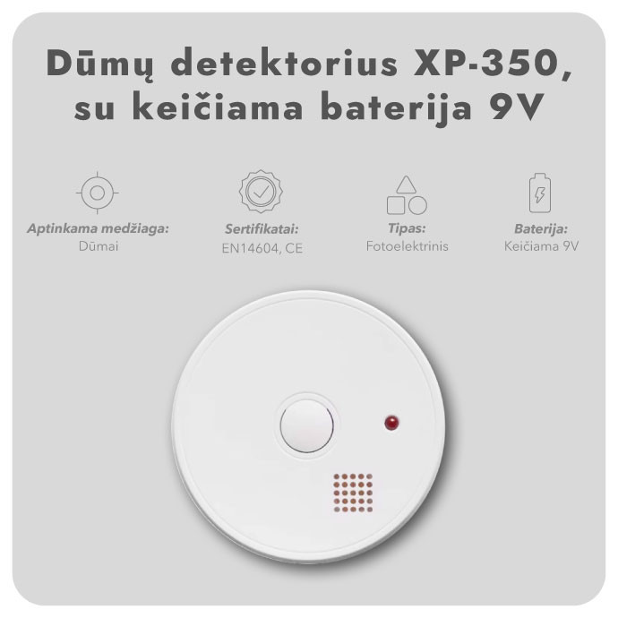 Dūmų detektorius XP-350, su keičiama baterija 9V