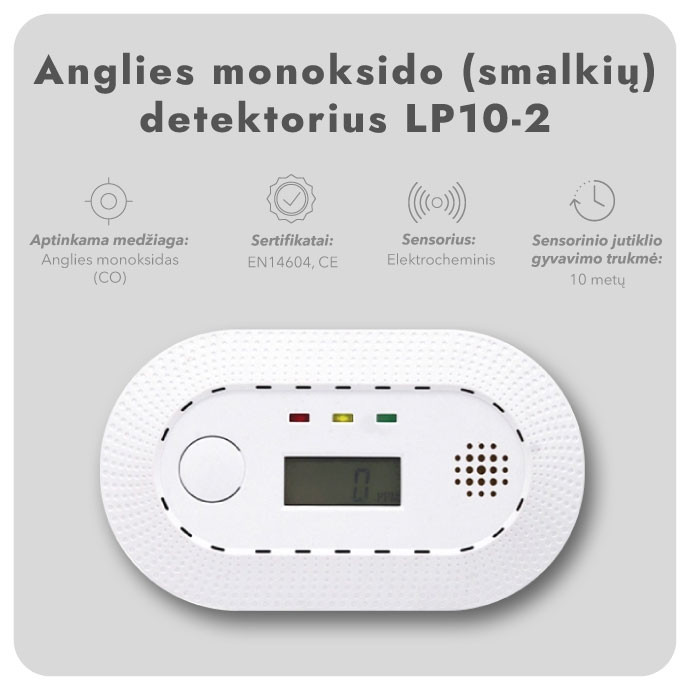 Anglies monoksido (smalkių) detektorius LP10-2, 10 metų
