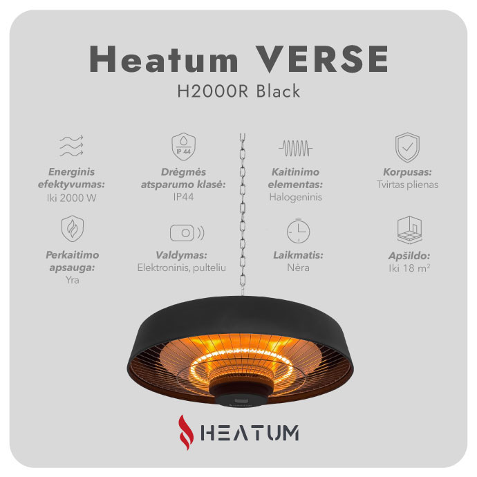 Infraraudonųjų spindulių šildytuvas Heatum VERSE H2000R Black 4